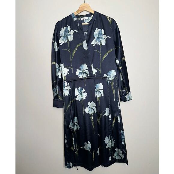 Vince Iris Print Long Sleeve Faux Wrap Midi Dress Navy Blue Floral Satin Small - Picture 9 of 9